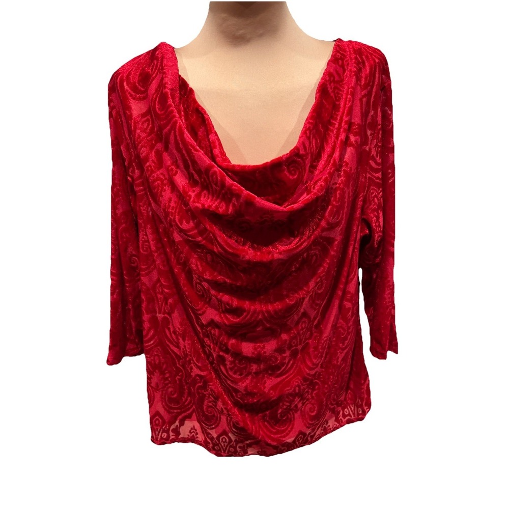 Women's Red Velvet Burnout Top Plus Size 1X Cowl Neck Damask Love Romantic
